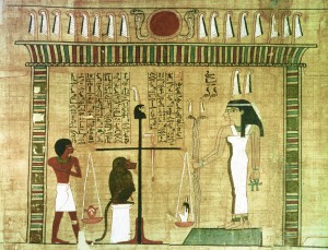 V. 1450 Av.J.C. Detail du livre des morts. Peinture sur Papyrus au Musee du     Louvre dans la salle des Antiquites Egyptiennes. Paris, FRANCE.